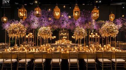 Lavish wedding reception centerpiece with gold candelabras, purple and white flowers, and hanging lanterns.