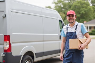 Smiling Delivery Person Holding Package Near Van Ready to Make Drop-off in Residential Area on a Clear Day
