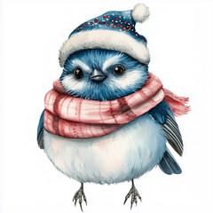 Obraz premium watercolor cute adorable blue tit wearing a Christmas hat and shawl, animal costume clipart, isolated on white --v 6.1 Job ID: b0cedba9-51eb-41c2-81a2-a4e8229cf34d