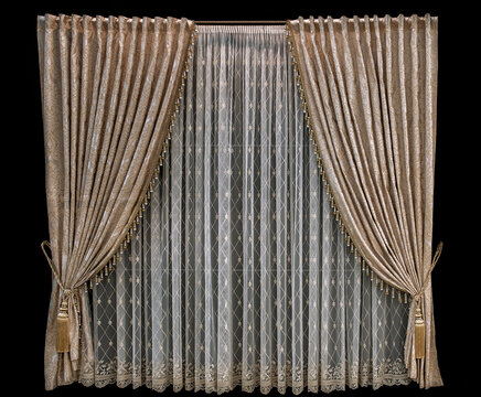 Elegant beige curtains in a classic style made of fabric with a floral pattern and transparent tulle with embroidery