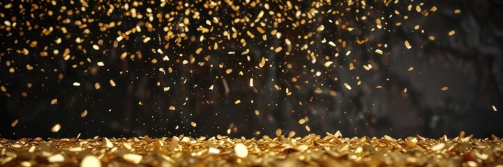 festive atmosphere with rising golden confetti, confetti, celebratory