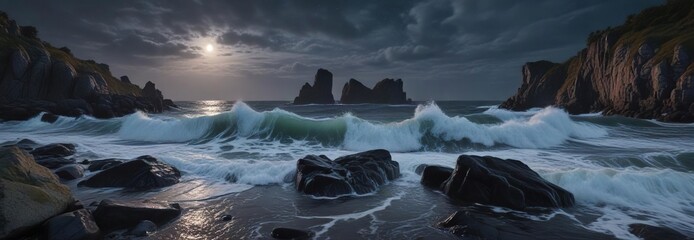 Obraz premium Moonlit waves crashing against a rocky shoreline along the Baltic coast, ocean, ripples