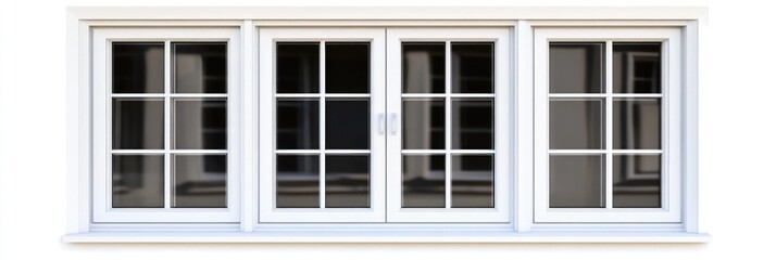 Fototapeta premium Elegant Double Door Window with Glass Frame, Isolated on Clean White Background for Modern Home Design