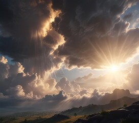 A shaft of sunlight piercing through a thick layer of cloud cover, creating an intense beam of light that illuminates the surrounding landscape, sunlight, light, drama