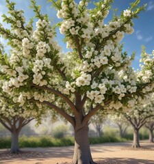Fototapeta premium Bartlett pear tree in full bloom with blossoms, pink flowers, tree blossoms, nature landscape