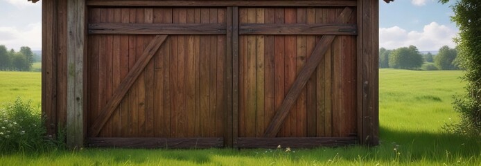 Rustic wooden barn door creaks open to expose a vast green meadow, rustic barn door, green field