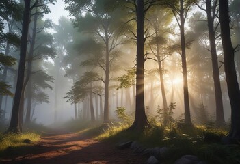 Obraz premium misty atmosphere with beam of light piercing through trees , atmosphere, light