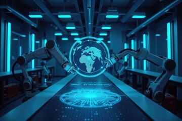 Advanced Robotic Technology in a Modern Factory Setting with Interactive Global Map Interface and Automated Arms Working in Harmony