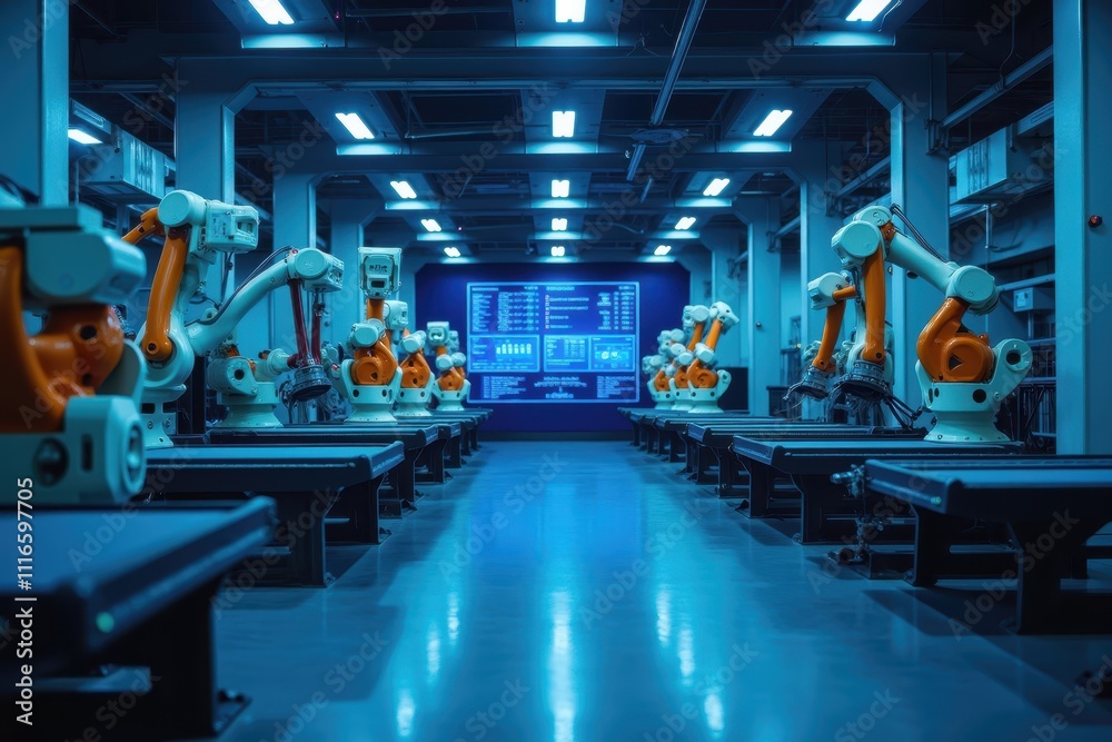 Poster innovative robotic technology in a modern factory setup showcasing automated systems and efficient p