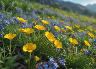 Fototapeta premium Vibrant yellow buttercups growing among delicate blue wildflowers, blooming flowers, natural scenery, buttercups