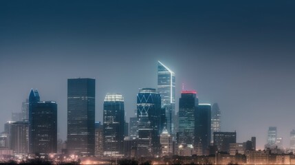 Obraz premium Misty city skyline at twilight. Illuminated skyscrapers line the horizon.