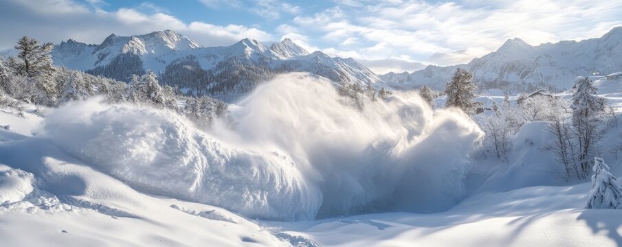 Snowy avalanche in majestic mountain landscape, winter scene. Adventure and natural wonder concept