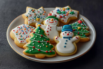 White ceramic plate with different frosting homemade Christmas cookies in form of snowmen, Christmas trees, stars on black background, delicious sweet traditional treat for holiday.