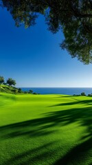 Naklejka premium Vast Landscape with Green Lawn, Blue Sky and Sunset, Nature, Abstract Image, Texture, Pattern Background, Wallpaper, Cover and Screen for Smartphone, PC, Laptop, 9:16 and 16:9 Format