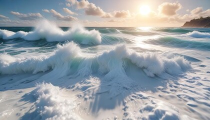 Obraz premium The ocean's surface is covered in a thick layer of white foam, ocean waves crashing, surf, ocean waves