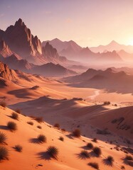 Naklejka premium Desert landscape bathed in the soft light of sunrise over mountains, Arizona desert, gentle shadows