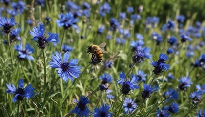 A bee sips nectar from a patch of vibrant blue cornflowers, insect photography, spring flowers, summer blooms