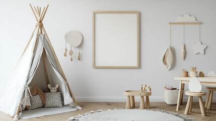 Playful frame on wall mockup in a modern child's room featuring a fun wigwam