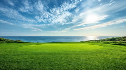 Fototapeta premium Vast Landscape with Green Lawn, Blue Sky and Sunset, Nature, Abstract Image, Texture, Pattern Background, Wallpaper, Cover and Screen for Smartphone, PC, Laptop, 9:16 and 16:9 Format