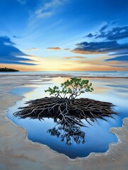 Obraz premium Serene Sunset Reflection Over Mangrove Roots - A stunning view of mangrove trees at low tide, reflecting the vibrant colors of sunset in a tranquil beach setting.