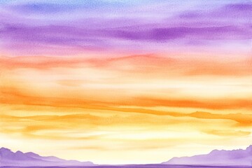 Serene Sunset Watercolor Landscape - A beautiful watercolor painting showcasing a gradient sunset with vibrant hues of purple, orange, and soft blues blending seamlessly.