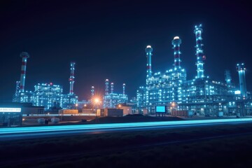 Nighttime View of an Industrial Energy Facility with Bright Blue Lights and Smokestacks Illuminating the Dark Sky in a Modern Urban Environment