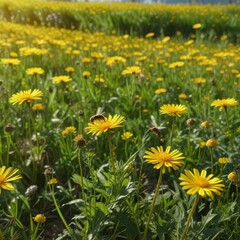 Obraz premium Honey bee flying over a field of tall yellow dandelion flowers in a sunny meadow , bee behavior, flower
