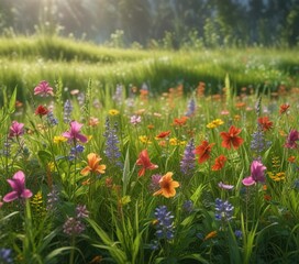 Obraz premium Vibrant bell-shaped flowers blooming on a lush green meadow with tall grasses and wildflowers in summer, meadow landscape, summer beauty