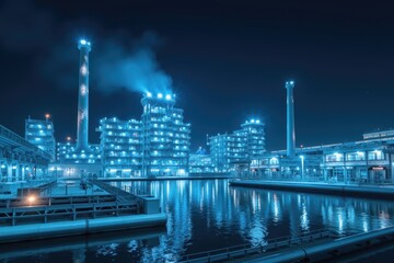 Night View of an Energy Industry Complex with Illuminated Structures Reflecting on Water in an Urban Setting
