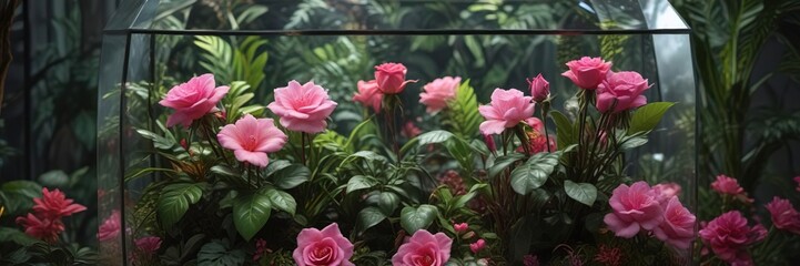 Colorful tropical plants and flowers in a large glass terrarium with a few pink roses , plant arrangement, terrarium, glass container