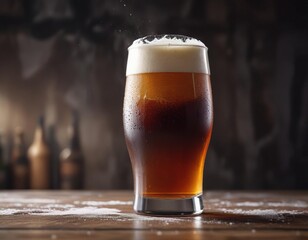 Dark beer glass with thick creamy foam on the surface and a hint of condensation, relaxing atmosphere , black background