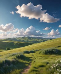 Obraz premium Serene summer landscape with rolling hills and a clear blue sky adorned with puffy white clouds, cloud formations, serene landscape