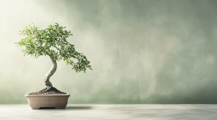 Un bonsaï devant le mur vert minimaliste d'une pièce vide avec lumière naturelle traversante et des ombres douces, image avec espace pour texte.