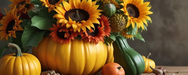 vibrant fall bouquet with pumpkins sunflowers and unique green acorn squash , fall arrangements, sunflower garden, natural elements