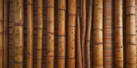 Bamboo wall with brown rope wrapped around wooden pillars, bamboo wall, earthy tone, rustic charm