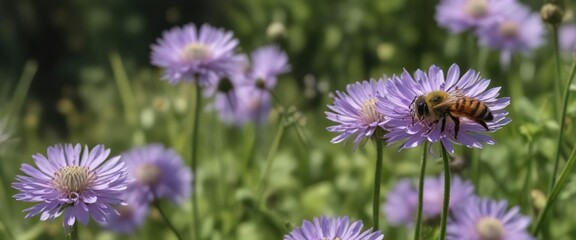 Obraz premium Bee walking along the leaf surface of Scabious succissa pratensis, succissa, leaf details