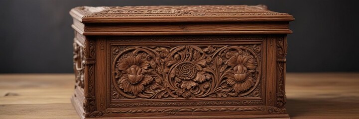 Naklejka premium Old wooden ballot box with intricate carvings on its lid , vintage, wood grain, ballot box