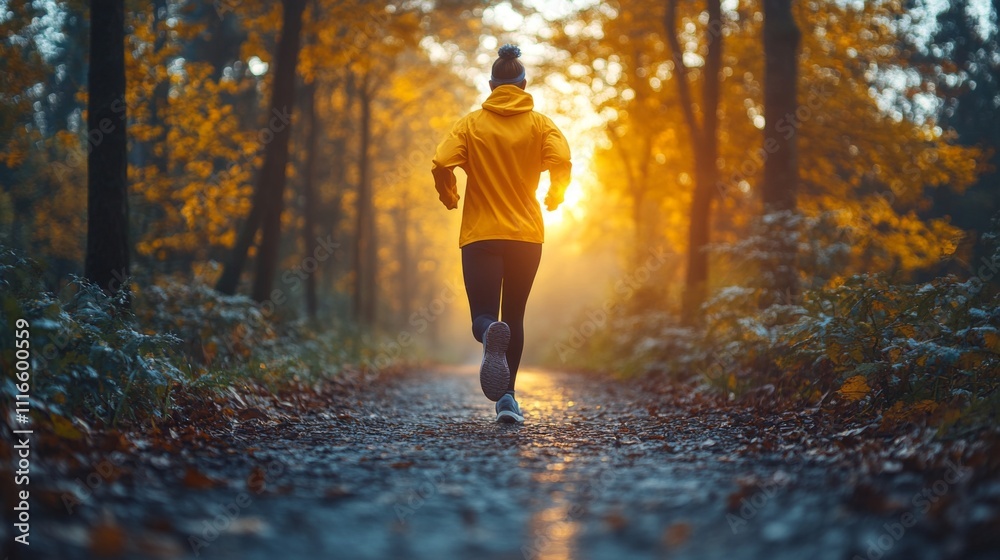 Poster a jogger in a yellow hoodie runs along a tranquil forest path illuminated by the warm sunlight of ea