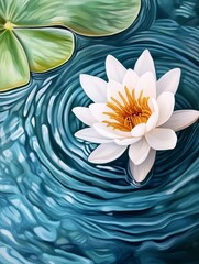 Serene Water Lily on Tranquil Pond - A beautiful white water lily floats gracefully on calm rippling water surrounded by lush green lily pads, symbolizing peace, purity, and natural beauty.