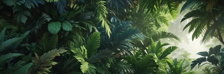Rich greens and blues of the jungle canopy with intricate details of abstract tropical leaves woven throughout, blue, natural textures