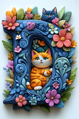 Lettres de l'alphabet D sur le th&egrave;me des chats, color&eacute;es, d&eacute;cor&eacute;es de chatons mignons, fleurs,  feuilles, design ludique et fun, id&eacute;al pour l'&eacute;ducation, projets graphiques ou d&eacute;coratifs