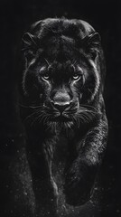 Obraz premium Black Panther in the Dark, Black Background, Abstract Image, Texture, Pattern Background, Wallpaper, Cover and Screen for Smartphone, PC, Laptop, 9:16 and 16:9 Format