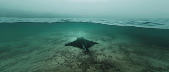 Naklejka premium A manta ray hovers over the ocean floor in an ethereal scuba scene, tranquil waters showcasing its grace against a muted seascape.