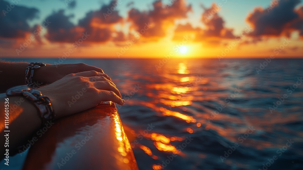 Poster A serene view of a person resting their hands on the railing of a boat while admiring a colorful sunset, reflecting on the ocean water during the evening.