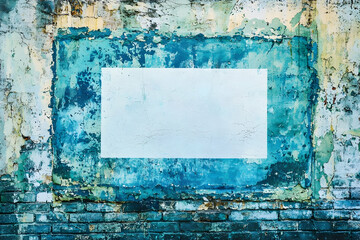 Fototapeta premium A graffiti wall with an empty white square in the center, painted in shades of blue and green. 
