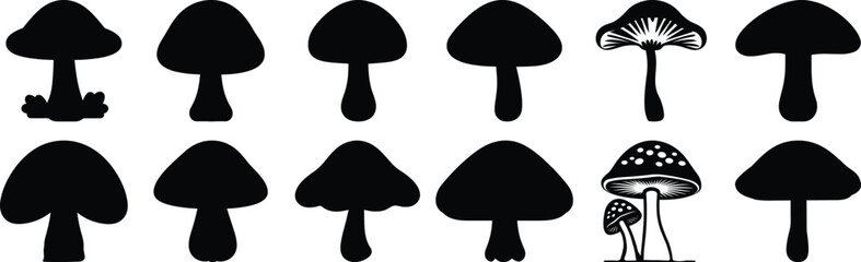 Mushroom silhouettes set, fungi pack of vector silhouette design, isolated background