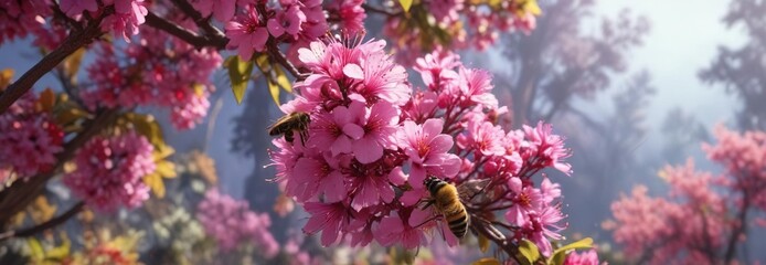 A bee collecting nectar from a colorful tree flower, scenery, flowers