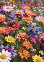 Fototapeta premium Bees collecting pollen from a variety of colorful flowers in a meadow, foraging, flowers