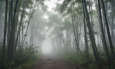 Obraz premium A misty morning in a bamboo forest with fog rolling in, mist, bamboo forest, serene