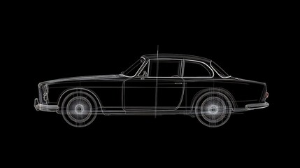 Vintage 3D Line Art Wireframe Car in Architectural Blueprint Style on Black Background